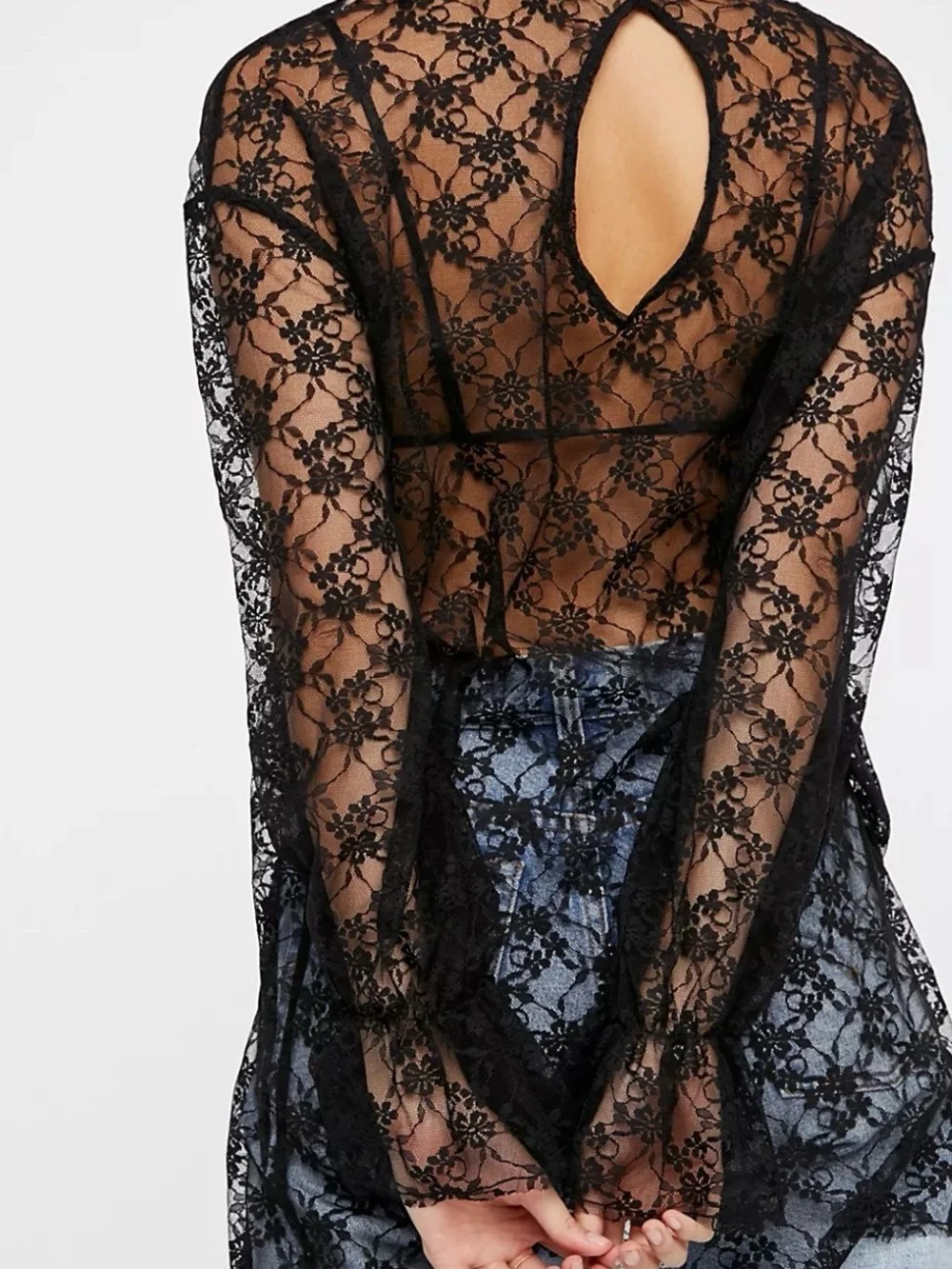 Free People Fast Forward Black Lace Embroidered Tunic Top Boho Festival Sheer